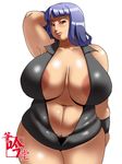  1girl areola areola_slip areolae arm_up armpit armpits artist_name belly blush breasts chubby curvy doomcomic fat highres hips huge_breasts large_areolae looking_at_viewer mature milf penguindou plump pubic_hair purple_hair red_eyes simple_background solo standing white_background wide_hips 