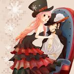  1girl bad_id bad_pixiv_id beard black_eyes blush chair cross dracule_mihawk dress drill_hair facial_hair flower frilled_dress frills hat long_hair mustache nuka one_piece open_mouth perona pink_hair red_flower red_rose rose yellow_eyes 