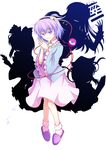  eyeball grin hairband hakurei_reimu hands_together heart highres hijiri_byakuren komeiji_satori multiple_girls purple_eyes purple_hair rod_of_remorse scroll shiki_eiki short_hair silhouette slippers smile spell_card steepled_fingers teeth third_eye touhou tri 