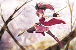  blurry boots depth_of_field food kazuma_muramasa long_hair magical_girl mahou_shoujo_madoka_magica mouth_hold pocky polearm ponytail red_eyes red_hair sakura_kyouko solo spear thighhighs weapon 