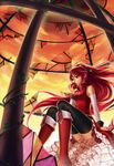  apple bare_shoulders black_legwear boots broken_glass detached_sleeves eating floating_hair food from_below fruit glass long_hair magical_girl mahou_shoujo_madoka_magica plant plutokelp ponytail red_eyes red_hair sakura_kyouko sitting solo stained_glass sunset thighhighs vines 