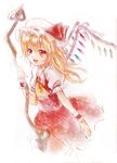  bad_id bad_pixiv_id blonde_hair blush dress fang flandre_scarlet hat laevatein nunucco open_mouth red_dress red_eyes side_ponytail sketch smile solo touhou wings 