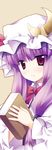  book crescent hat long_hair minase_(dragon_panda) patchouli_knowledge purple_eyes purple_hair solo touhou upper_body 