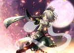  black_hairband dual_wielding foreshortening full_moon ghost grey_eyes hairband highres hitodama holding katana konpaku_youmu konpaku_youmu_(ghost) moon petals scabbard sheath shiroi_karasu short_hair silver_hair solo sword touhou weapon 