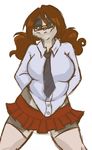  big_breasts breasts brown_hair female glasses green_eyes hair long_brown_hair long_hair mandi_(touchmybadger) necktie schoolgirl skirt solo standing stockings touchmybadger twin_tails uniform white_background 