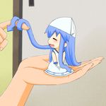  blue_hair bracelet hands ikamusume in_palm jewelry long_hair mini-ikamusume minigirl open_mouth out_of_frame shinryaku!_ikamusume smile solo_focus tentacle_hair tentacles ya2268 