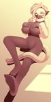  absurdres animal_ears bodysuit breast_suppress breasts brown_eyes cameltoe cat_ears cat_tail face_mask feet highres huge_breasts impossible_bodysuit impossible_clothes long_hair mask megami_tensei monochrome nekomata_(megami_tensei) noise sepia shin_megami_tensei sitting skin_tight solo tail 