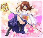  blue_eyes boots brown_hair detached_sleeves dissidia_012_final_fantasy dissidia_final_fantasy final_fantasy final_fantasy_x flower full_body green_eyes hakama heterochromia highres holding holding_wand izumi_makoto japanese_clothes jewelry long_hair necklace print_hakama purple_hakama smile solo staff wand yuna_(ff10) 