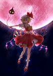  alternate_wings ascot bad_id bad_pixiv_id bob_cut flandre_scarlet floating full_moon glowing glowing_eyes hat highres koube_akiwo laevatein mary_janes midriff moon navel outstretched_arm red_moon shoes short_hair short_sleeves side_ponytail skirt smile socks solo touhou wings 
