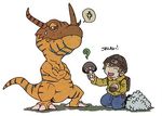  angry bad_id bad_pixiv_id digimon digimon_world dinosaur food greymon lowres monster mushroom protagonist_(digimon_world) tears 