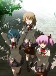  arms_behind_head brown_hair closed_eyes dappled_sunlight kakuno kaname_madoka mahou_shoujo_madoka_magica miki_sayaka mitakihara_school_uniform multiple_girls school_uniform shade shizuki_hitomi smile sunlight tree_shade twintails walking 