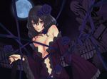  bare_shoulders black_flower black_hair black_rose blue_eyes breasts center_opening choker cleavage damegane dress fence flower full_moon grave highres large_breasts lips lipstick long_hair makeup moon navel night no_bra original ribbon rose smile solo wallpaper 