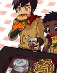  2boys black_hair boo_(ima_soko_ni_iru_boku) brown_eyes burger dark_skin food french_fries green_eyes hamburger hungry ima_soko_ni_iru_boku multiple_boys nabuca 