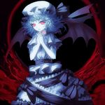  adapted_costume bad_id bad_pixiv_id bat_wings dark glowing hands_clasped hat highres kansou_samehada own_hands_together pink_eyes remilia_scarlet short_hair solo touhou wings 