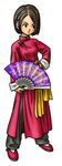  black_eyes brown_hair chinese_clothes dragon_quest dragon_quest_ix fan folding_fan highres long_hair long_sleeves official_art simple_background solo standing toriyama_akira 
