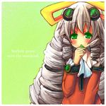  :&lt; blush bow drill_hair engrish goggles goggles_on_head green_background green_eyes grey_hair icemissile jewelry long_hair looking_at_viewer lowres maria_balthasar necktie ranguage ribbon sidelocks simple_background solo xenogears yellow_bow 