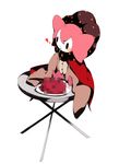  censored censored_food charlotte_(madoka_magica) eating fork full_body heart mahou_shoujo_madoka_magica mosaic_censoring no_humans sitting solo sousou_(sousouworks) table 