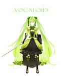  bad_id bad_pixiv_id boots bow bowtie dress full_body gauntlets green_eyes green_hair hair_ribbon hatsune_miku knee_boots long_hair pesu_(penpen) ribbon shield simple_background solo sword twintails very_long_hair vocaloid weapon 