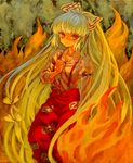  acrylic_paint_(medium) ama-tou bow fire fujiwara_no_mokou hair_bow hair_ribbon hand_on_own_chest highres long_hair muted_color pants red_eyes ribbon silver_hair solo suspenders touhou traditional_media very_long_hair 