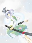  bad_id bad_pixiv_id black_hairband bloomers blue_eyes flower hairband konpaku_youmu konpaku_youmu_(ghost) koyumi looking_back open_mouth scabbard sheath sheathed short_hair silver_hair snow solo sword touhou underwear weapon 