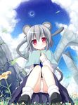  animal_ears blurry blush crescent_moon depth_of_field flower grey_hair hand_on_own_chest highres moon mouse_ears mouse_tail nazrin no_nose panties pantyshot pantyshot_(sitting) pink_eyes plant short_hair sitting smile solo tail touhou underwear white_panties yano_mitsuki 