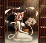  big_breasts braid breasts butt collaboration fangs feline female fog glasses hair library nipples nude pointy_ears red_hair sage_(suggestionbox) sitting solo tanukiyasha twisted_asylum 