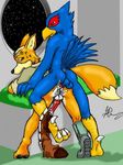  anal anal_penetration anus balls beak blue canine claws cum doggy_position falco_lombardi fox fox_mccloud from_behind gay knot male orange penetration penis red_penis star_fox tail unknown_artist video_games 