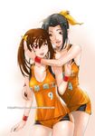  bare_shoulders basketball basketball_uniform black_hair bow breasts brown_hair cleavage clothes_writing ge_xi hair_bow hair_ribbon hug medium_breasts multiple_girls one_eye_closed orange_eyes original red_eyes ribbon short_shorts shorts sportswear sweat twintails watermark web_address wristband 