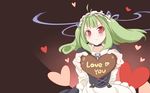  antenna_hair bad_id bad_pixiv_id blush chocolate gift green_dam green_hair hair_ribbon heart holding holding_gift kaka_cheung long_hair maid_headdress original os-tan personification red_eyes ribbon solo tsundere valentine wallpaper 