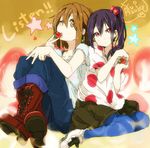  bad_id bad_pixiv_id boots brown_eyes brown_hair earrings food fruit hirasawa_yui holding holding_food holding_fruit jewelry k-on! kirisawa_saki listen!! multiple_girls nakano_azusa one_eye_closed pantyhose purple_eyes red_eyes shoes short_hair sitting sneakers strawberry 