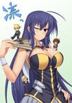  2girls ahoge akune_kouki antenna_hair blue_hair blush breasts chibi cleavage darkmaya fan folding_fan hand_on_hip hitoyoshi_zenkichi kikaijima_mogana kurokami_medaka large_breasts long_hair medaka_box miniboy minigirl multiple_boys multiple_girls one_eye_closed parted_lips red_eyes skirt very_long_hair wristband 