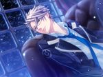  artist_request blue_eyes blue_neckwear emblem game_cg glass glasses grey_eyes male_focus necktie rimless_eyewear shiranui_kazuki shirt solo starry_sky_(game) upper_body white_shirt window 