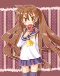  brown_hair disgaea disgaea_4 kazamatsuri_fuuka long_hair makai_senki_disgaea_4 sailor_fuku school_uniform serafuku thighhighs uniform zettai_ryouiki 