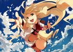  blonde_hair day foreshortening green_eyes hands highres jacket long_hair open_mouth original outstretched_arm outstretched_hand penguin_caee reaching shorts sky smile solo 