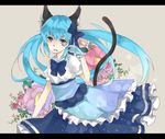  animal_ears aqua_eyes aqua_hair bad_id bad_pixiv_id bow cat_ears cat_tail dress flower gloves hair_bow hatsune_miku letterboxed long_hair misa1007 open_mouth solo tail tattoo twintails very_long_hair vocaloid 