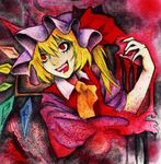  ascot blonde_hair blood blue_hair chotto flandre_scarlet hat highres red_eyes side_ponytail solo touhou traditional_media 