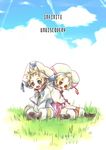  1girl bad_id bad_pixiv_id blonde_hair blue_eyes brother_and_sister child cloud copyright_name day full_body grass hat infinite_undiscovery outdoors pants red_eyes rico_(infinite_undiscovery) rucha_(infinite_undiscovery) shawl shoes short_hair siblings sitting sky smile suzushiro_haru twins 