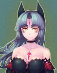  animal_ears bare_shoulders blue_hair breasts choker cleavage facial_mark forehead_mark medium_breasts miaoye original solo tattoo yellow_eyes 