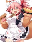  1girl alternate_costume animal_ear_fluff animal_ears apron bell bell_collar blush breasts cat_hair_ornament collar enmaided fate/grand_order fate_(series) fox_ears fox_tail gloves hair_ornament hair_ribbon hakka_(88hk88) highres large_breasts long_hair looking_at_viewer maid maid_apron maid_headdress open_mouth paw_gloves paws pink_hair ponytail ribbon solo tail tamamo_(fate)_(all) tamamo_cat_(fate) white_apron yellow_eyes 