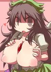  absurdres areolae between_breasts black_eyes black_hair bow breasts dress hair_ornament hakika heart highres huge_breasts inverted_nipples large_areolae long_hair nipples open_clothes open_mouth open_shirt puffy_nipples reiuji_utsuho shirt simple_background solo touhou very_long_hair 