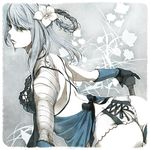  ass backless_outfit bandages elbow_gloves flower from_behind gloves green_eyes hair_flower hair_ornament kaine_(nier) lingerie long_hair md5_mismatch nanarinca negligee nier nier_(series) panties silver_hair solo underwear white_panties 