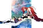  alternate_hairstyle bad_id bad_pixiv_id bare_shoulders black_legwear blue_hair boots cape closed_eyes cuts detached_sleeves holding_head injury kannagi_mei lap_pillow long_hair lying magical_girl mahou_shoujo_madoka_magica miki_sayaka multiple_girls on_back red_eyes red_hair sakura_kyouko short_hair sitting smile thighhighs white_legwear zettai_ryouiki 