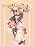  :d abe_kanari alternate_costume blonde_hair blue_eyes charlotte_(madoka_magica) drill_hair hair_ornament hair_ribbon highres holding_hands kaname_madoka mahou_shoujo_madoka_magica multiple_girls official_style open_mouth panties personification pink_eyes pink_hair ribbon shoes short_twintails skirt smile sneakers tomoe_mami twin_drills twintails underwear yellow_eyes yuri 