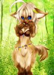  ??? ahoge blonde_hair blue_eyes blush bottomless breasts brown cat cleavage collar fang feline female forest furry hair looking_at_viewer midriff multicolored_hair nature no_panties open_mouth outdoors plant solo standing tail tashiro_yuu tetetor-oort tree white_hair 