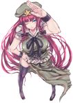  black_legwear blue_eyes braid breasts foreshortening hat highres hong_meiling large_breasts long_hair one_eye_closed panzer red_hair solo thighhighs touhou twin_braids 