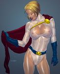  blonde_hair cape cleavage leotard mir_avi_(artist) nipples power_girl see-through sexy wet 