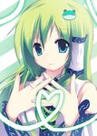  blue_eyes detached_sleeves frog green_hair hair_ornament hands_clasped heart kochiya_sanae long_hair own_hands_together solo touhou upper_body yuzuhara902 