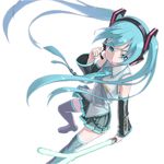  aqua_eyes aqua_hair bad_id bad_pixiv_id bare_shoulders blue_eyes blue_hair detached_sleeves energy_sword from_above hatsune_miku headphones headset long_hair microphone mofu necktie simple_background skirt solo spring_onion sword thighhighs twintails very_long_hair vocaloid weapon zettai_ryouiki 