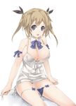  arutoria blue_eyes blush breasts brown_hair cleavage detached_collar hair_ribbon large_breasts open_mouth original panties ribbon side-tie_panties sitting solo twintails underwear undressing 
