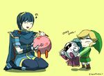  blonde_hair blue_hair cape closed_eyes fire_emblem hat kirby kirby_(series) korean link marth meta_knight multiple_boys muse_(rainforest) musical_note pointy_ears super_smash_bros. the_legend_of_zelda toon_link translated 